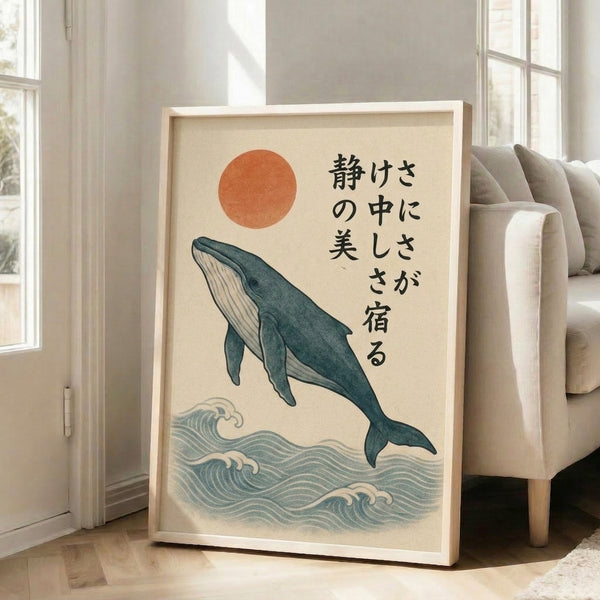 Zen-inspired poster showcasing a serene whale beneath rolling waves and glowing sun in pale gray, cream, teal-blue, and rust-orange palette.