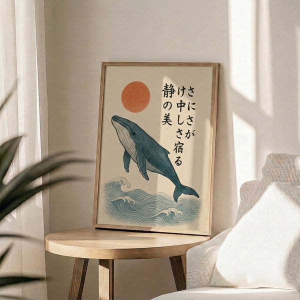 Minimalist japanese whale illustration with sun and water elements in soft earth and ocean tones, displayed as a framed wall art print.
