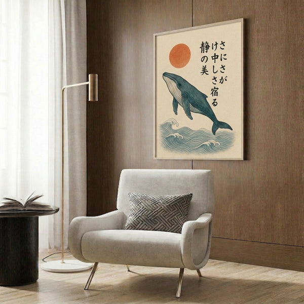 Meditative wabi-sabi inspired artwork with graceful whale motif, sun, and waves in calm cream, teal, rust, and gray hues on a framed poster.