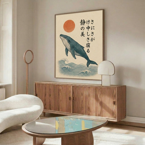 Japandi wall art featuring a contemplative whale swimming beneath sun and waves, rendered in soft minimalist style with rust-orange and teal-blue accents.