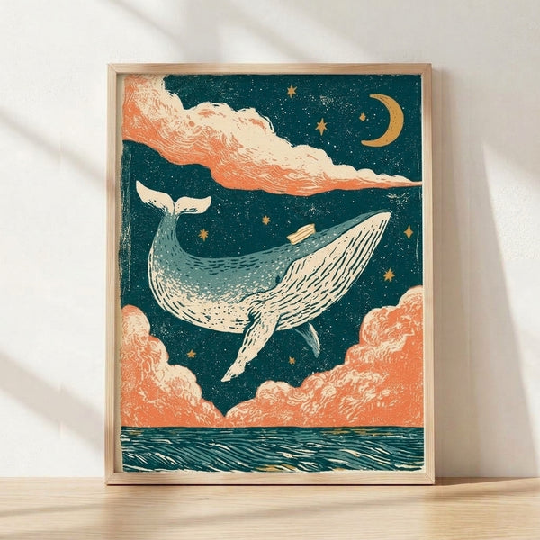 Framed retro line art poster featuring a whale swimming beneath a starry night sky with moon and clouds, rendered in dreamy teal, cream, coral, and gold tones.