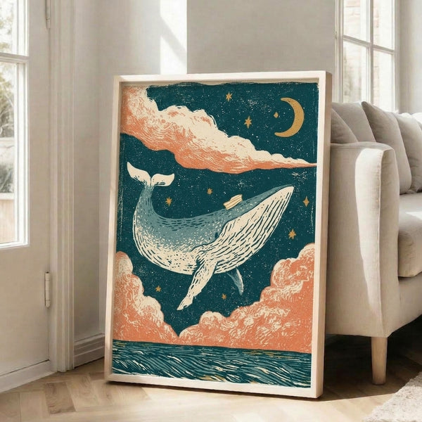 Vintage-style wall art print depicting a whimsical whale under a celestial sky with stars and crescent moon, combining navy, teal, and warm cream colors in peaceful line art design.