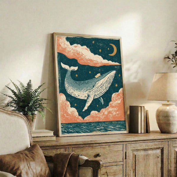 Peaceful ocean-themed poster in retro style showing an elegant whale silhouette against a magical starry backdrop with moon and clouds in soft coral, gold, and teal hues.