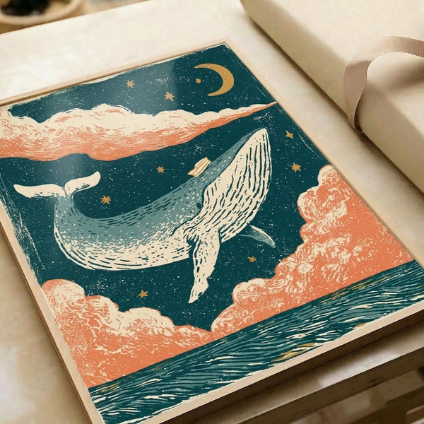 Dreamy framed line art print featuring a whale beneath an enchanting night sky filled with stars, moon, and clouds in a soothing palette of navy, cream, and coral tones.