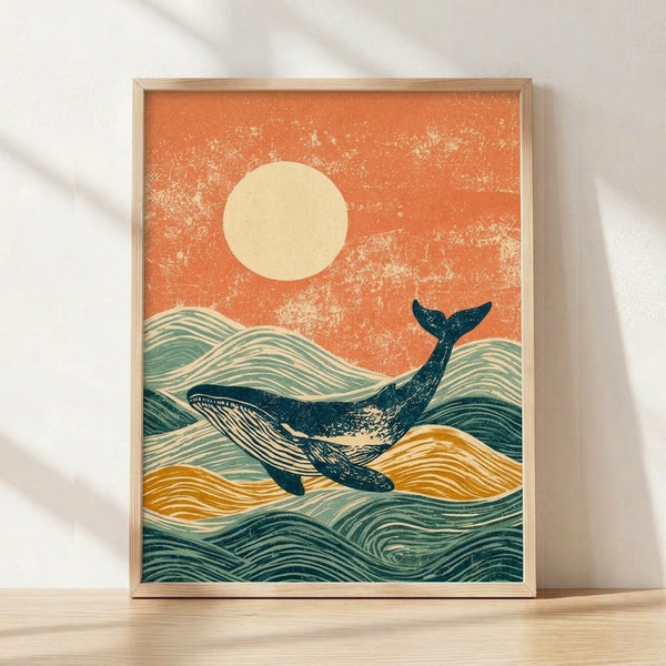 Vintage Japanese woodblock-style poster featuring a serene whale surfacing among teal and navy waves at sunset, with a rust-orange sun and gold accents, evoking peaceful maritime nostalgia.