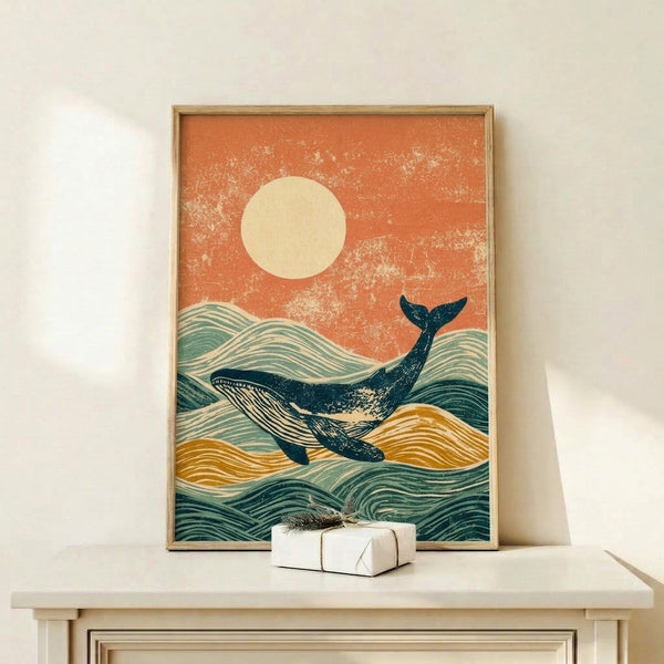 Retro ocean art print in Japanese woodblock aesthetic showing a contemplative whale scene with cream, teal, and navy tones, a golden sun, and peaceful wave patterns.