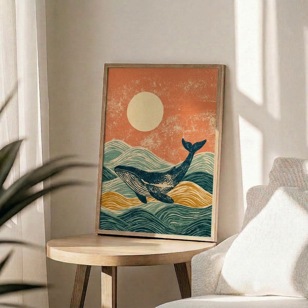 Framed poster displaying a serene whale and ocean landscape in vintage woodblock style, blending rust orange, cream, and deep teal with a tranquil maritime mood.