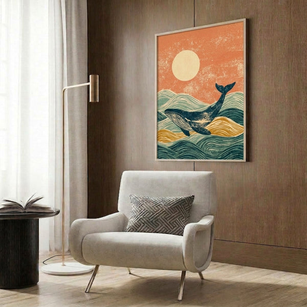 Japanese-inspired woodblock art print of a whale amid rolling waves at twilight, rendered in muted rust, cream, teal, and navy hues with a calming, nostalgic atmosphere.