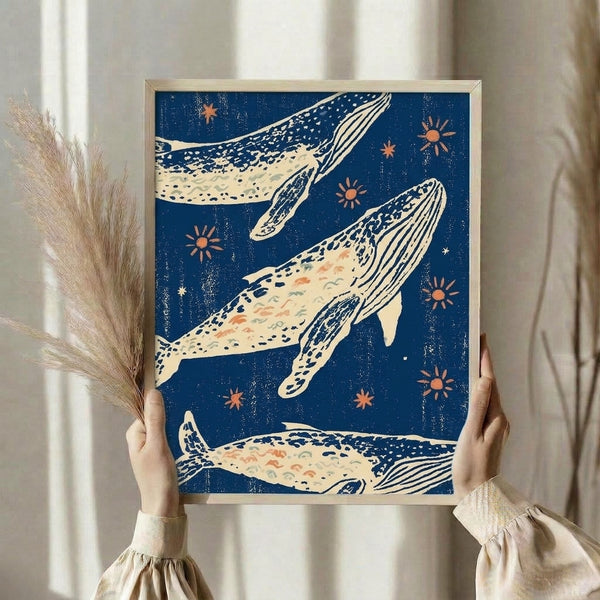 Modern minimalist ocean artwork depicting a contemplative whale with abstract suns and stars in midnight blue and cream, creating tranquil coastal wall decor.