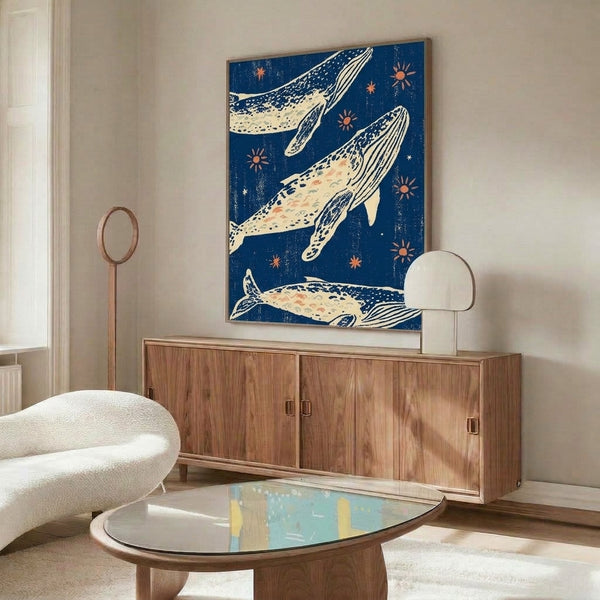 Serene whimsical poster art showing a whale beneath glowing suns and stars in muted navy, rust, and seafoam tones, blending Japandi minimalism with peaceful maritime imagery.
