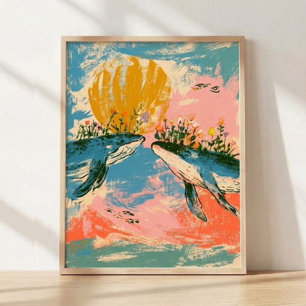 Framed boho art print featuring a serene whale beneath a golden sun surrounded by flowers, birds, and water in teal, coral, and cream tones.