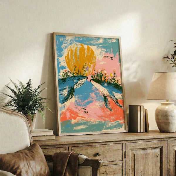 Retro-modern nature poster with a peaceful whale scene, blooming florals, and a radiant sun in warm golden and cool teal hues.
