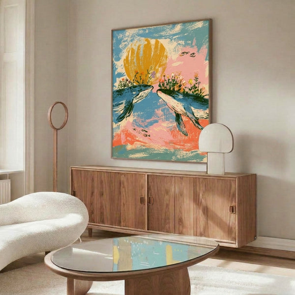 Whimsical wall art combining a whale, golden sun, and botanical flowers in a boho style with forest green, coral pink, and cream colors.