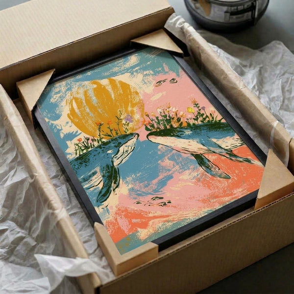 Nature-inspired framed print depicting a peaceful whale underwater with sun, flowers, and birds in retro modern boho aesthetic using teal and golden yellows.