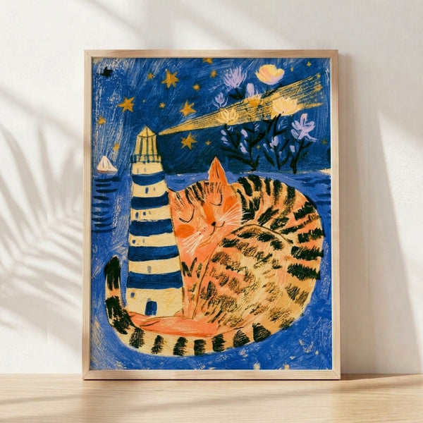 Folk art poster featuring a sleeping tabby cat curled up in a lighthouse, surrounded by golden stars and blooming flowers against a dreamy deep blue night sky with a sailboat silhouette.