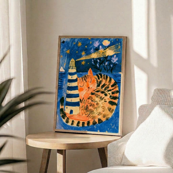 Whimsical framed art print of a peaceful tabby cat resting within an illuminated lighthouse, set among pale pink flowers and glowing stars in a serene folk art style.