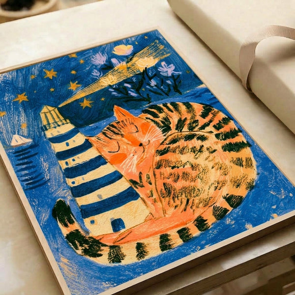 Dreamy folk art wall poster showcasing a sleeping tabby cat nestled in a lighthouse tower, with a sailboat, starry night sky, and golden flowers in soft blues and warm tones.