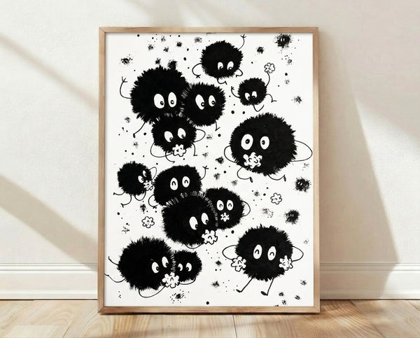Playful black line art poster featuring whimsical soot sprites and spiky creatures among delicate flowers, rendered in a boho aesthetic with childlike charm on cream background.