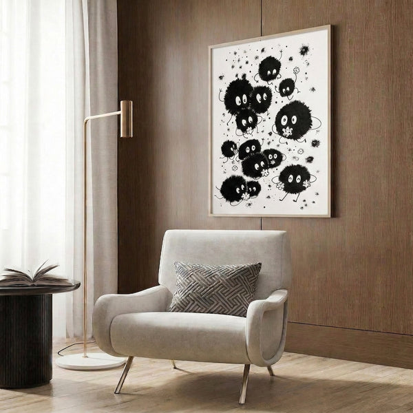 Whimsical black and cream line art depicting charming sprite characters and flower forms in a loose, expressive boho style with childlike wonder.