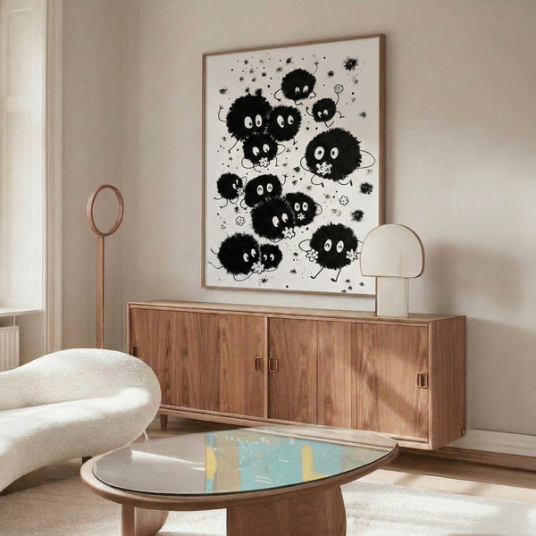 Delicate ink drawing combining quirky creature forms and botanical shapes in flowing black lines against cream, embodying playful and imaginative boho aesthetic.