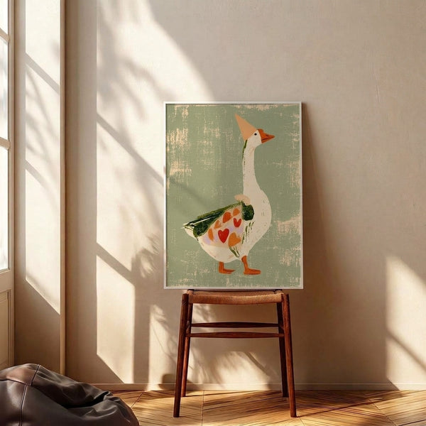 Retro folk art goose poster with affectionate heart-wing design, delicate florals, and cozy color palette of sage, cream, and terracotta, hung as wall decor.