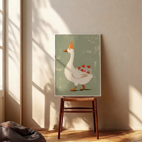 Sweet nostalgic bird illustration in folk art style showing a goose with a basket and party hat adorned with hearts in soft retro colors.