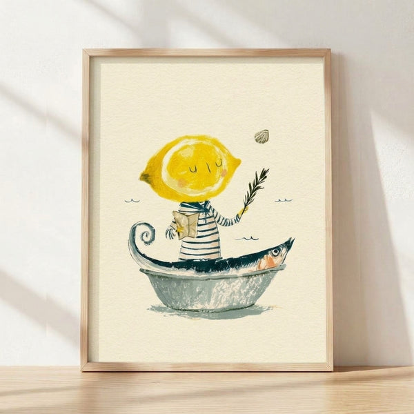 Whimsical watercolor and line art poster featuring a cheerful lemon character sailing in a tiny boat with a fish friend, surrounded by shells and soft teal waves in cream, yellow, and peach tones.