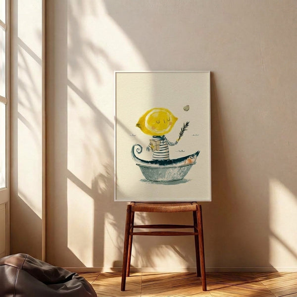 Playful nautical wall art showing a smiling lemon sailor navigating a delicate vessel through gentle waters with companions, rendered in soft watercolor hues of cream, blue, and warm yellow.