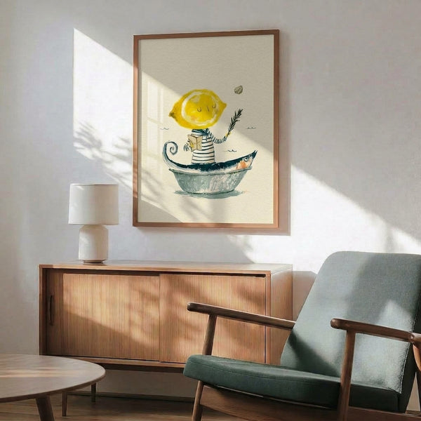 Imaginative children's poster art depicting a friendly lemon character on a whimsical sea voyage with fish and shells, combining watercolor washes with delicate line drawings in serene coastal colors.