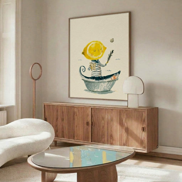 Cozy nautical-themed watercolor print with a charming lemon protagonist sailing peacefully alongside a fish, framed as innocent, playful imagery in soft cream, peach, yellow, and teal tones.