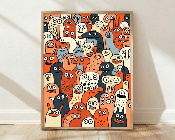Framed line art poster featuring a playful crowd of quirky monsters with varied expressions and eyes in charcoal, orange, and cream tones on a light blue background.