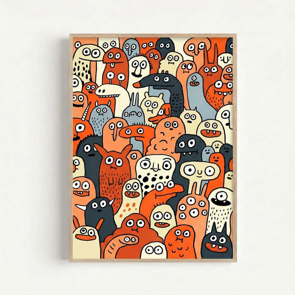 Whimsical folk art print of charming creature characters rendered in retro doodle style with black and orange linework on a cream and light blue palette.