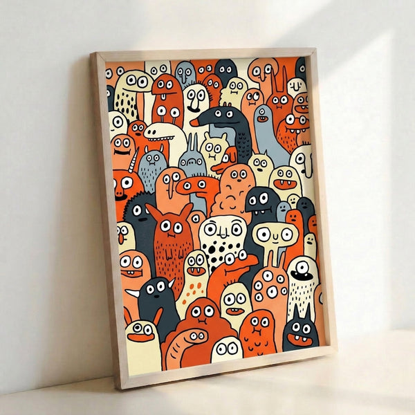 Retro-style line art poster showcasing a delightfully spooky ensemble of folksy monster faces with expressive eyes in orange, charcoal, and light blue.