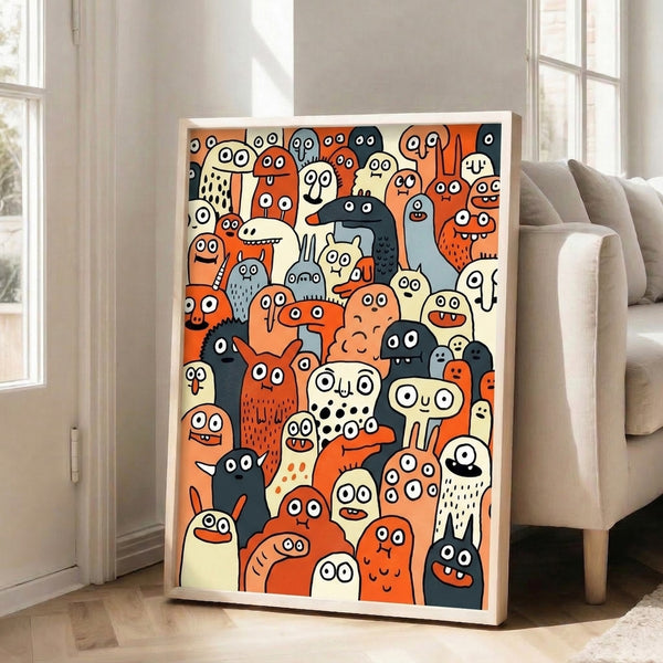 Playful character doodle poster featuring a quirky monster crowd in folk art style, drawn with bold black lines and warm orange and cream accents.