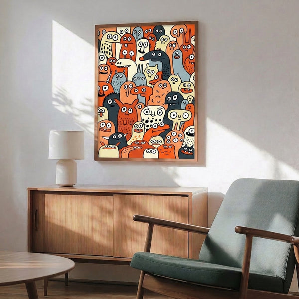 Whimsical framed art print of retro monster characters with whimsy and slight spookiness, rendered in charcoal and orange linework against a light blue ground.