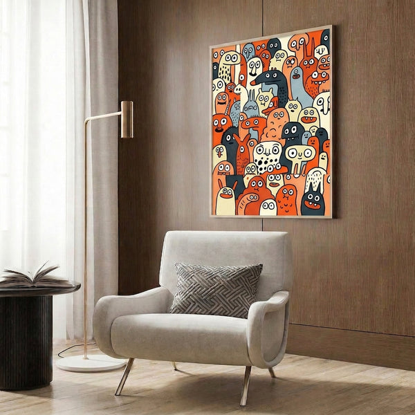 Folk art style poster displaying a charming cast of quirky creatures and monster faces in playful black linework with pops of orange and cream.