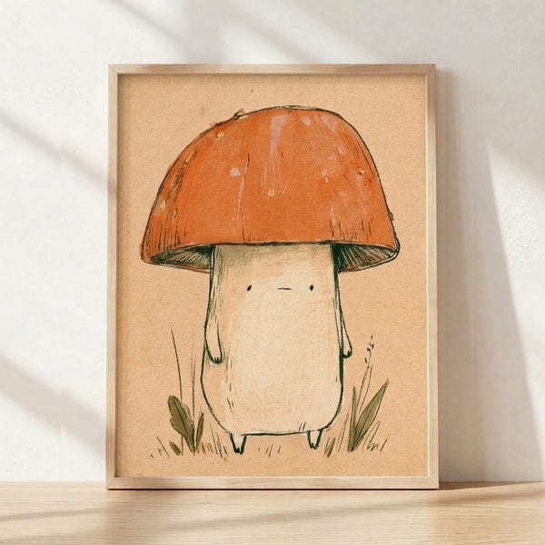 Whimsical line art illustration of a cheerful mushroom character standing in grass, rendered in rust orange, cream, sage green, and tan tones with a cozy cottagecore aesthetic, framed as a poster on a wall.