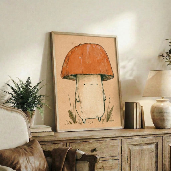 Folk art style mushroom character with innocent charm surrounded by grass details, featuring warm earthy colors and delicate line work in a whimsical, cozy design suitable for nursery or cottage decor.