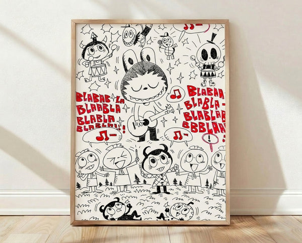 Whimsical anime-style doodle poster featuring quirky monster characters playing guitars and instruments surrounded by musical notes, rendered in bold black, white, and red lines with playful folk art energy.