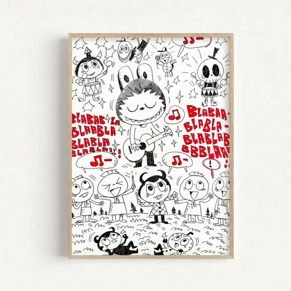 Energetic black and red doodle illustration of charming creature band members with guitars and musical symbols in a kawaii anime style, framed poster with playful folk art aesthetic.
