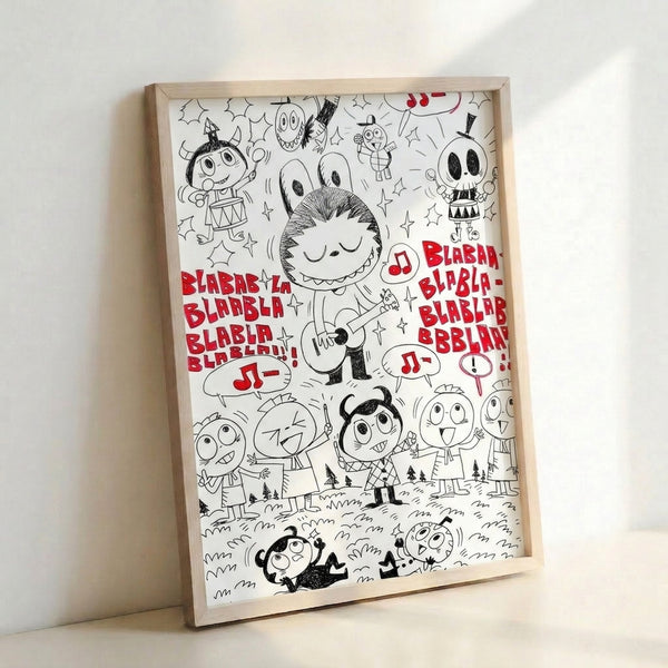 Playful monster band doodle artwork in anime style showing cartoon characters performing with instruments and floating musical notes, executed in striking black, white, and red linework.