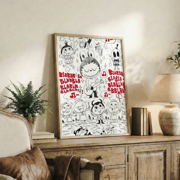 Energetic anime doodle art print featuring a quirky band of forest-dwelling monster characters with instruments and musical notes in black, white, and red folk art style.