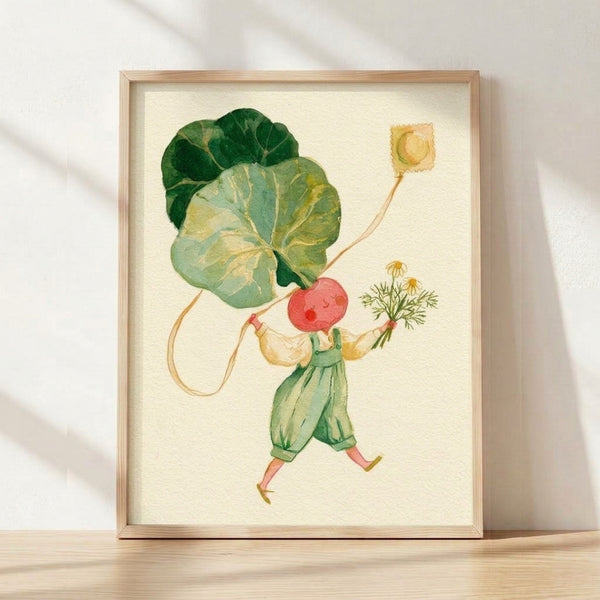 Whimsical watercolor folk art poster depicting a cheerful radish character flying a kite, rendered in soft cream, green, coral red, and golden yellow tones with vintage charm.