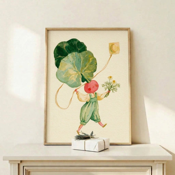 Vintage-style watercolor print featuring a playful radish figure with nasturtium flowers and delicate foliage, framed in warm nostalgic hues of cream and coral red.