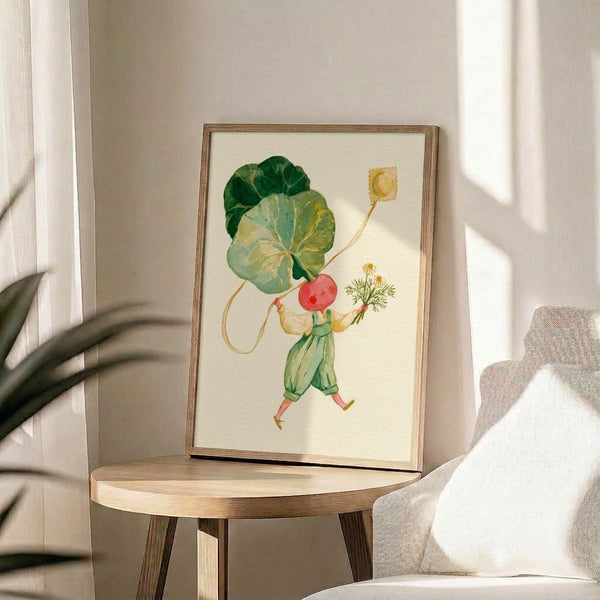 Folk art watercolor poster showing a joyful radish boy with kite and botanical elements in muted golden yellow and sage green, evoking cottagecore whimsy and vintage charm.