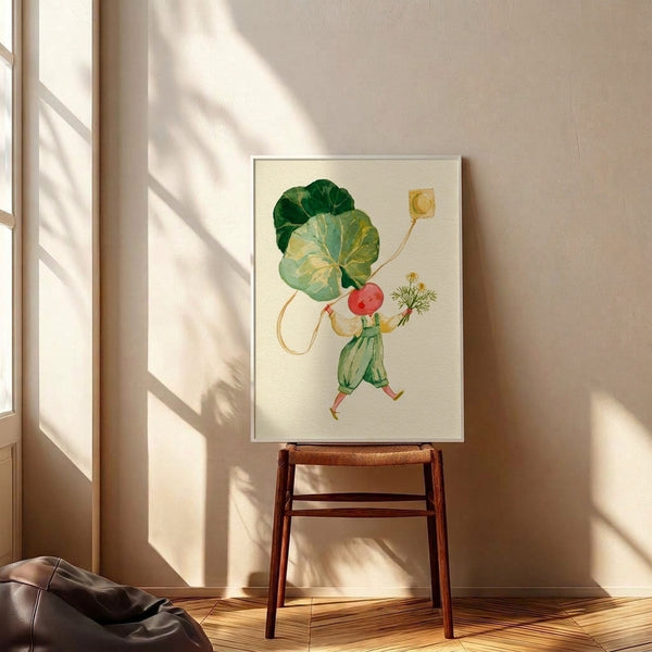 Charming watercolor art print of a radish character surrounded by leaves and flowers in soft cream, coral, and green tones, capturing whimsical folk art nostalgia.