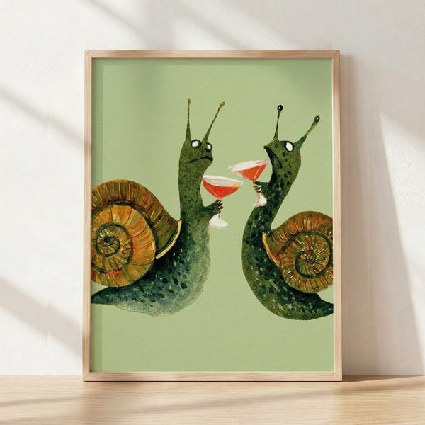 Whimsical watercolor poster of two snails toasting cocktails, rendered in soft sage green, golden brown, coral red, and cream tones with a playful, lighthearted mood.