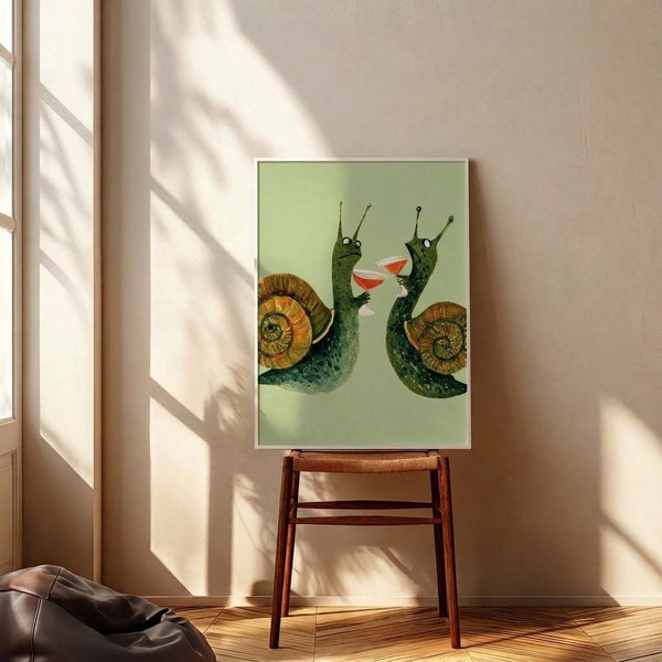 Lighthearted watercolor illustration of snails enjoying cocktails together, painted in sage green, golden brown, coral, and cream with a whimsical, playful atmosphere.