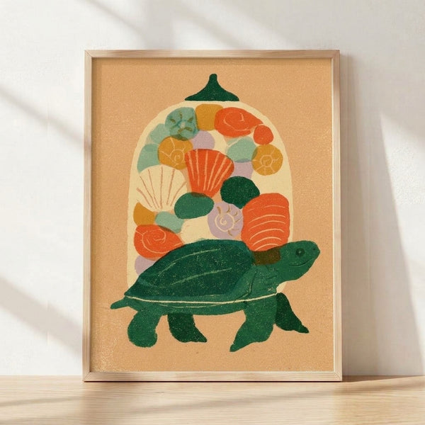 Whimsical retro poster featuring a turtle surrounded by decorative shells and botanical florals in sage green, terracotta, golden yellow, and dusty purple tones; framed boho wall art with an earthy, contemplative mood.