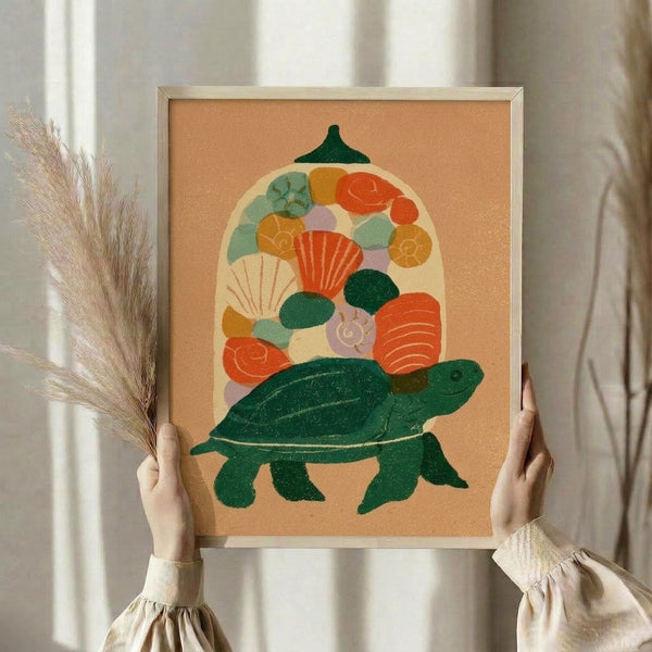 Nature-themed poster blending retro and boho aesthetics, depicting a turtle amid flowering plants and seashells in soft earth tones; framed wall art evoking a gentle, imaginative coastal spirit.